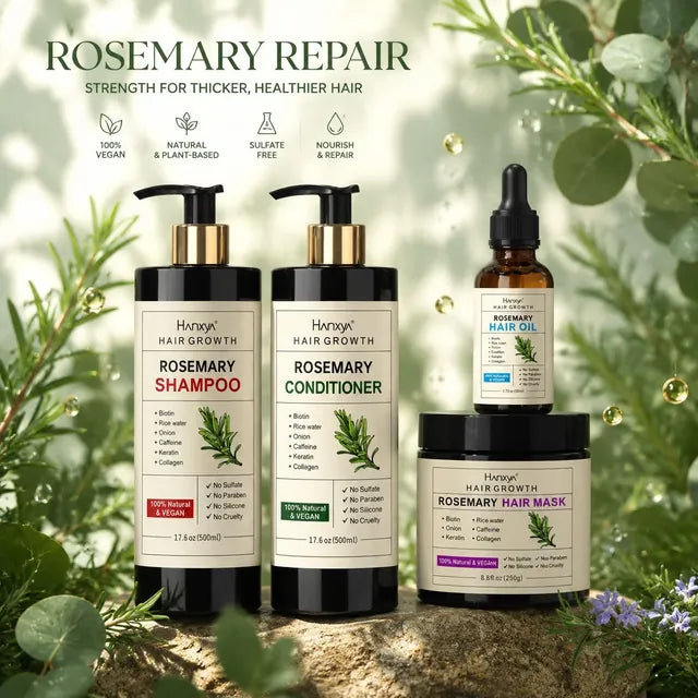 Rosemary Mint Hair Care Set: shampoo, conditioner, hair mask jar and dropper bottle of hair oil among rosemary sprigs